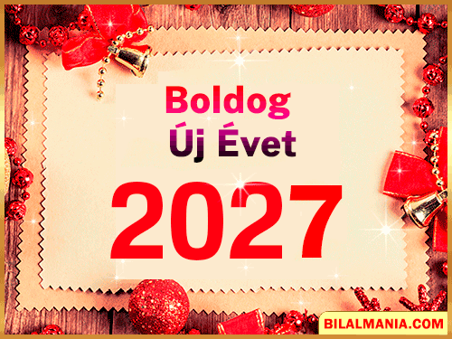 Boldog új évet 2027 animáció gif piros felirattal és csillogó szegéllyel