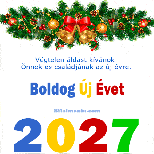 Boldog új évet 2027 gif köszöntő áldással és ünnepi koszorúval