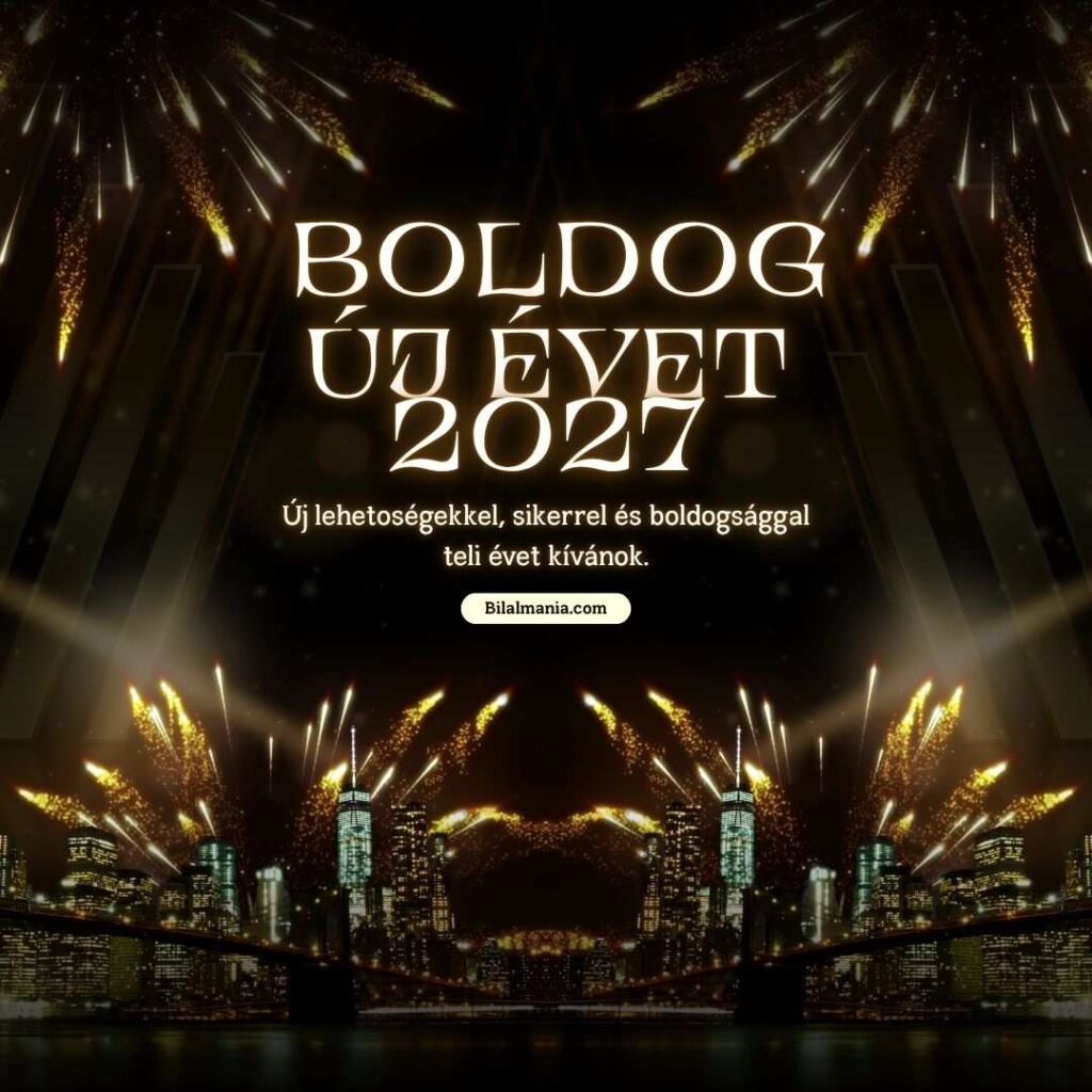 Boldog új évet 2027 képek megvilágított híddal és aranyszínű tűzijátékkal