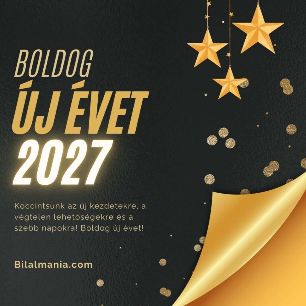 Boldog új évet 2027 képeslap arany csillagokkal és ünnepi szalaggal