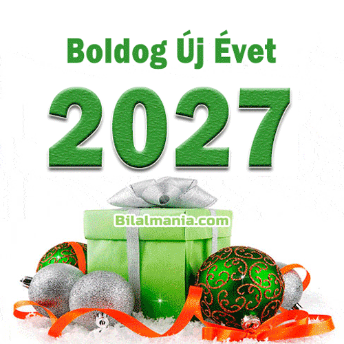 Boldog új évet 2027 képeslap gif zöld díszdobozzal és gömbökkel