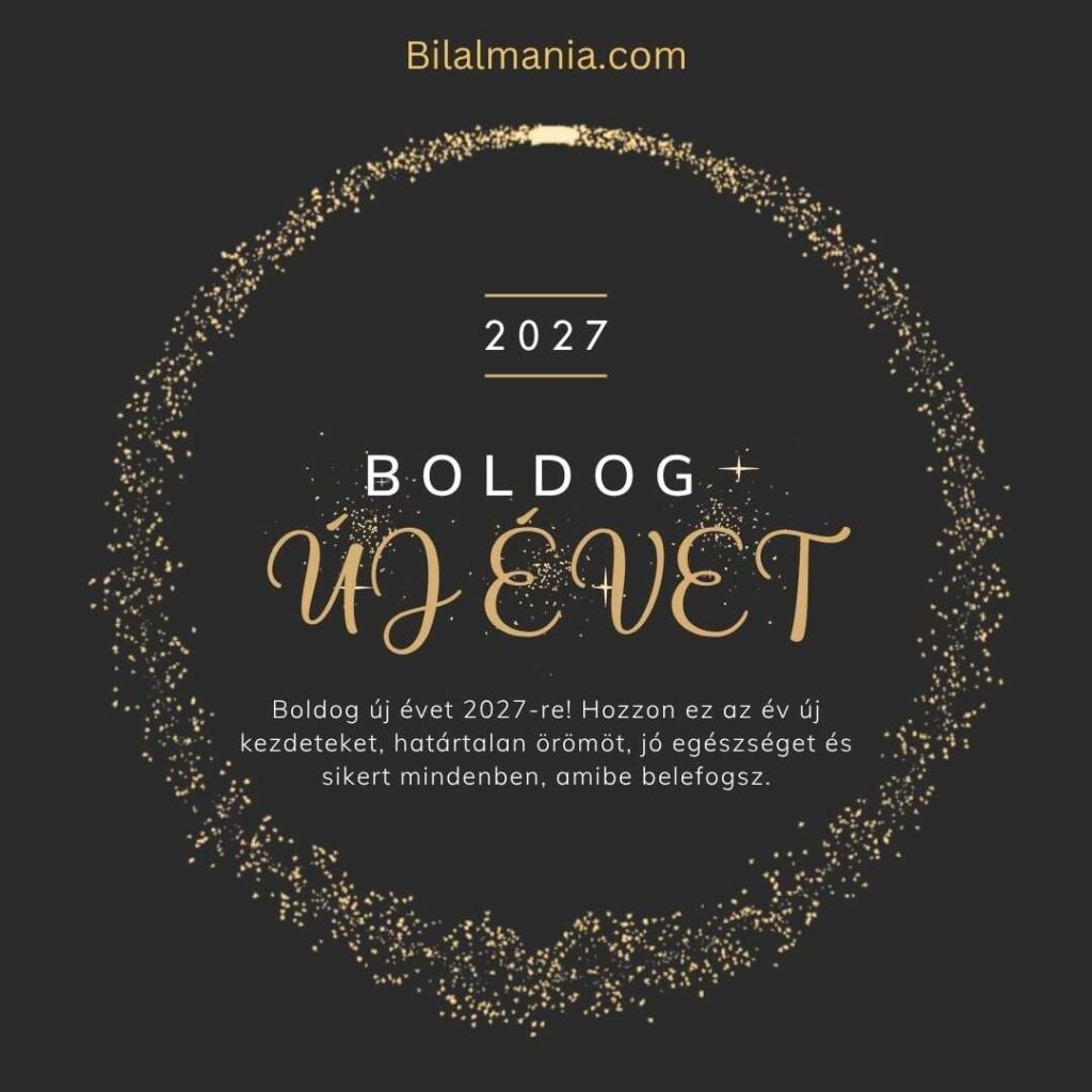 Boldog új évet 2027 köszöntő arany köralakú virágkoszorúban