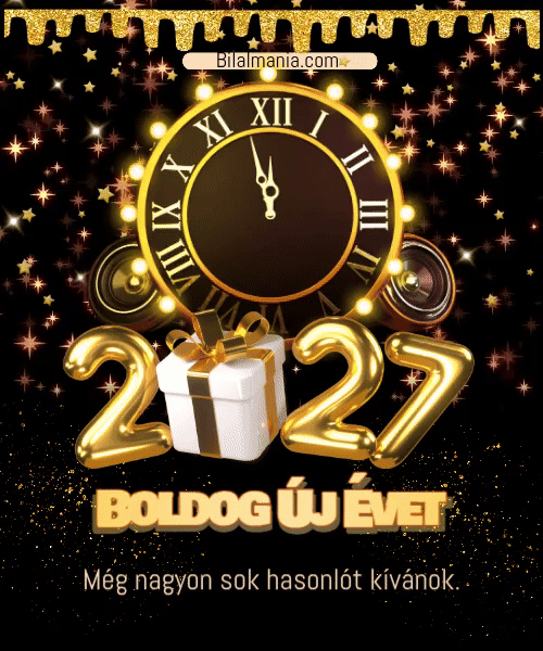 BUÉK 2027 gif szilveszteri party órával és hangfalakkal