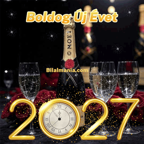 BUÉK 2027 gif pezsgős koccintással és éjféli arany órával