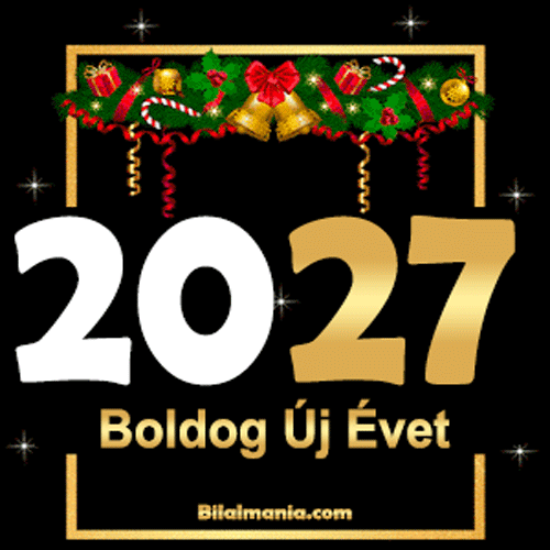 BUÉK gif 2027 csengő arany harangokkal és fenyőágakkal