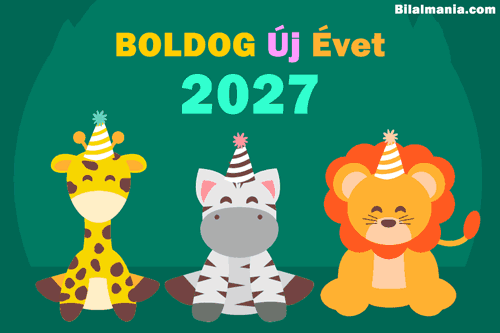 Vidám állatos BUÉK 2027 gif aranyos party sapkás figurákkal