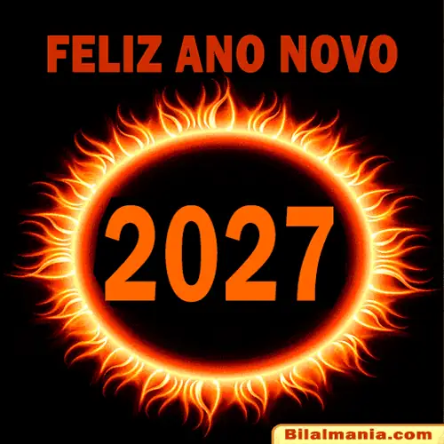 Feliz 2027 GIF com círculo solar em chamas radiantes