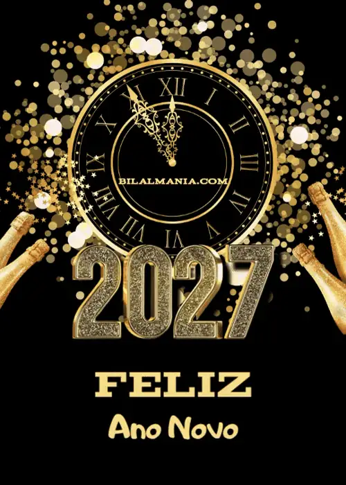 Feliz 2027 GIF vertical com relógio dourado e garrafas de champanhe abertas