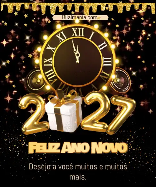 Feliz ano novo 2027 GIF com caixas de som de festa, relógio de luzes e balões 3D