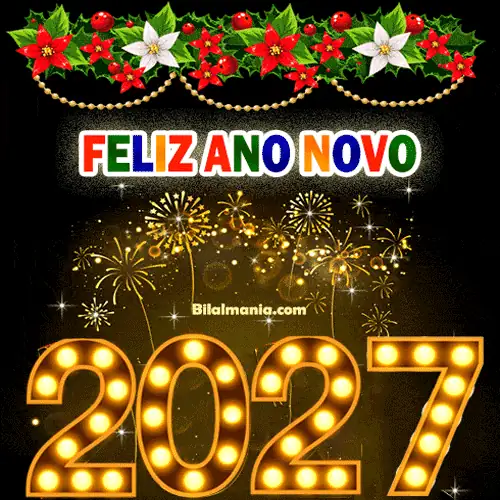 Feliz ano novo 2027 GIF com letreiro iluminado por lâmpadas e show de fogos