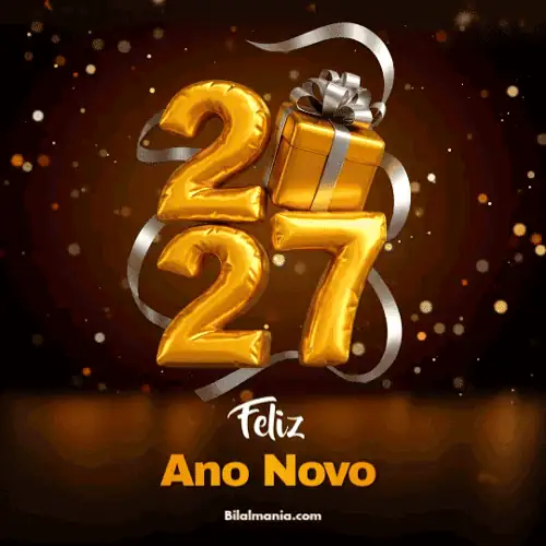 Feliz ano novo GIF com balões dourados 2027 e fita prateada dançante