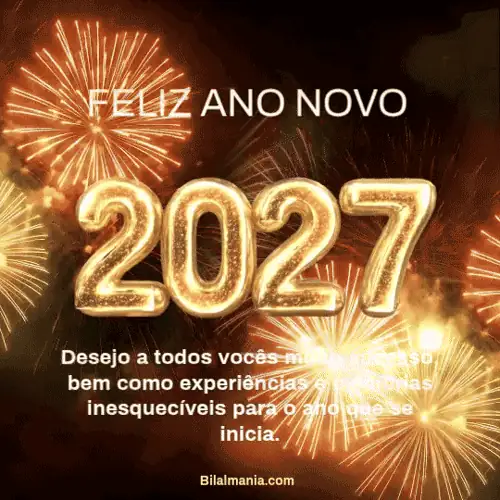 GIF ano novo 2027 com balões metálicos dourados e céu tomado por fogos