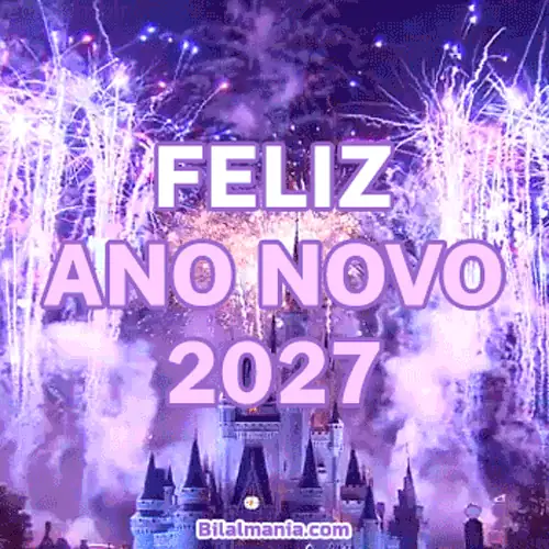 GIF ano novo 2027 para WhatsApp com castelo iluminado e queima de fogos roxa