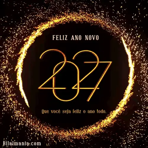 GIF feliz 2027 com vórtice circular de faíscas douradas brilhantes