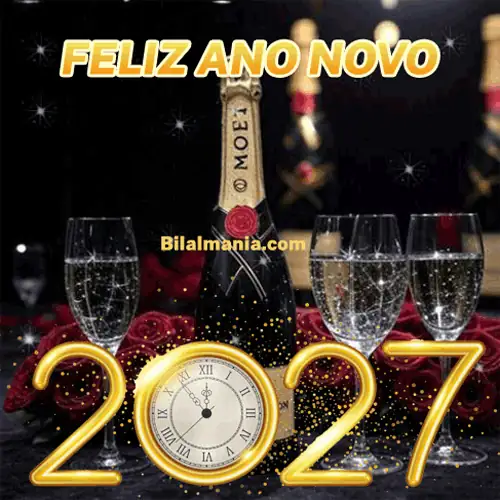GIF feliz ano novo 2027 com champanhe Moët, taças brindando e relógio luminoso