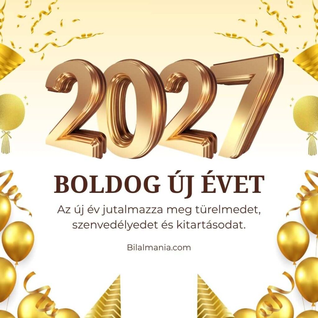Újévi képeslapok 2027 elegáns rose gold 3D lufi számokkal