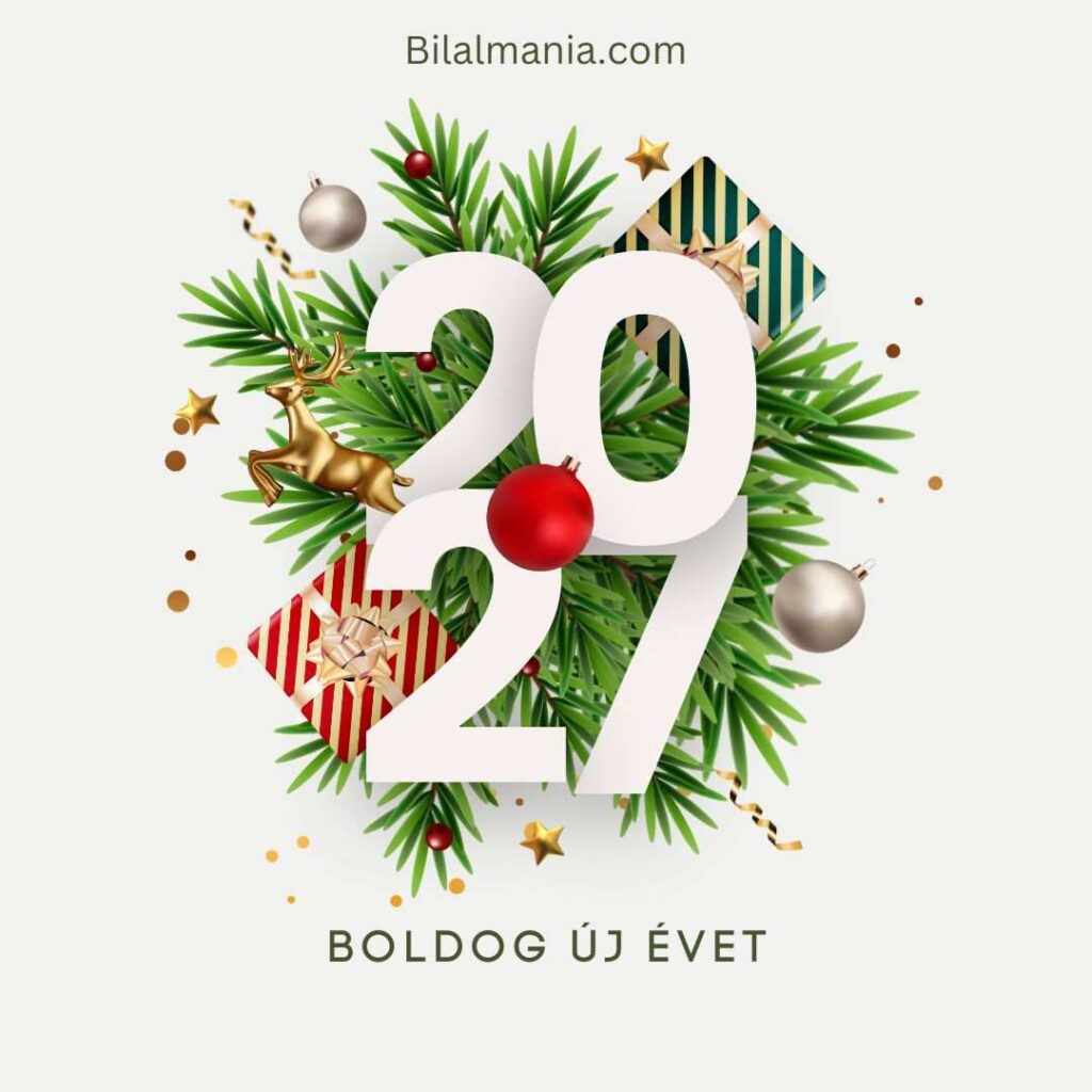 Újévi képeslapok ingyen 2027 fenyőkoszorúval és piros gömbökkel