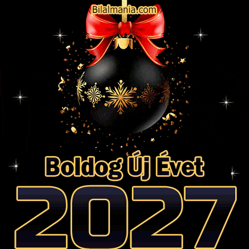 Újévi üdvözletek 2027 gif elegáns fekete-arany karácsonyfadísszel