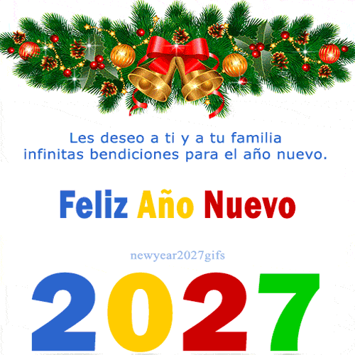 Feliz Año Nuevo 2027 animado números 2027 con bombillas luminosas y destellos