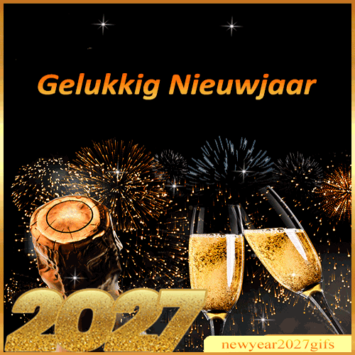 Fijne jaarwisseling en een gezond 2027 GIF toost met champagneglazen en confetti