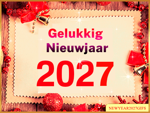 Gelukkig nieuwjaar 2027 GIF wenskaart met bellen en feestelijke rode strik