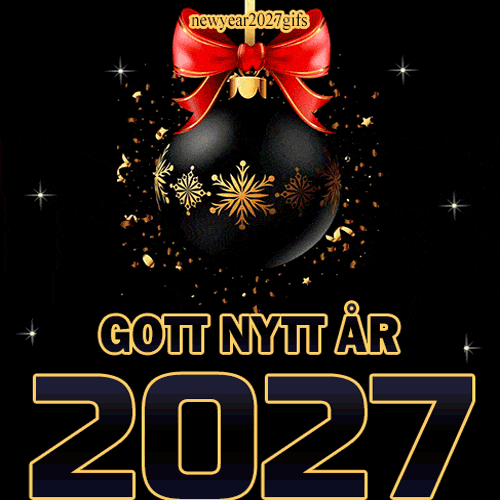 Gif gott nytt år 2027 svart och guld julgranskula med röd rosett