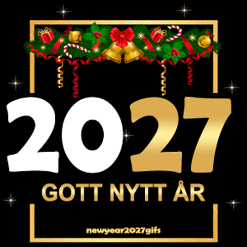Gif gott nytt år 2027 gyllene ram med julklappar och guldklockor