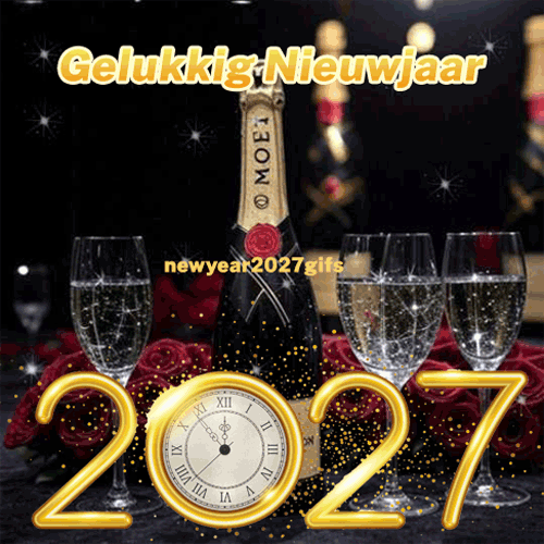GIF jaarwisseling 2027 toast met champagneglazen en klok om middernacht