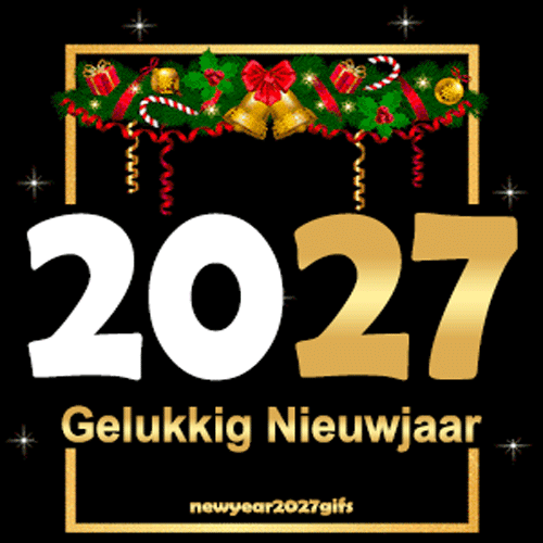 GIF nieuwjaar 2027 gouden lijst met feestklokken en nieuwjaarsdecoratie