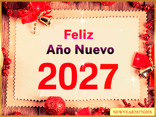 GIFs de Feliz Año Nuevo 2027 tarjeta de felicitación con lazo rojo y campanas navideñas