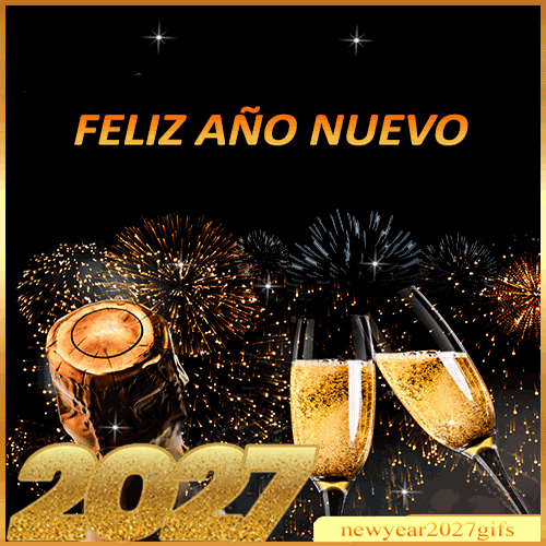 GIFs Feliz Año Nuevo 2027 marco dorado con campanas y decoraciones navideñas