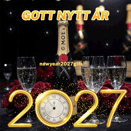 Gott nytt år 2027 gif champagneglas, klocka vid tolvslaget och guldglitter
