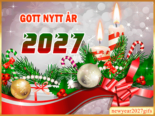Gott nytt år 2027 gif med tända adventsljus, julkulor och polkagrisar
