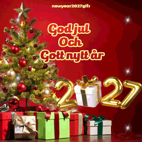 Gott nytt år gif 2027 glittrande julgran och gyllene ballongsiffror 2027