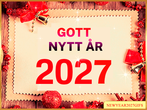 Gott nytt år gif 2027 fint gratulationskort med röda juldekorationer