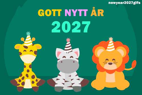 Happy new year 2027 gif söt giraff, zebra och lejon med kalashattar