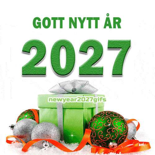 Happy new year 2027 gif grön julklapp och julgranskulor på vit snö