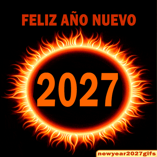 Imágenes de Año Nuevo animadas 2027 sol brillante con energía y fuego festivo