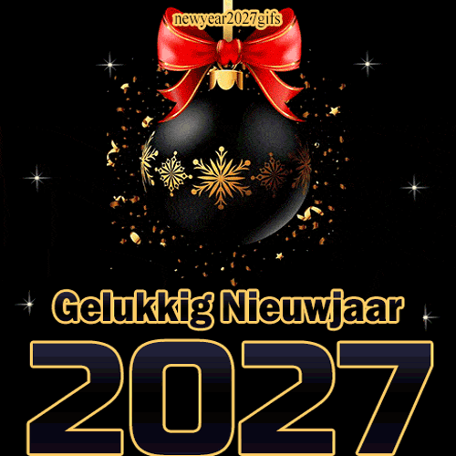 Kerst en nieuwjaarswensen 2027 GIF zwart met gouden kerstbal en rode strik